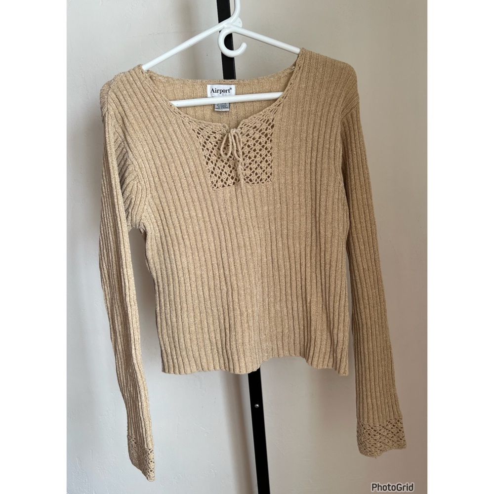Vintage VTG Y2K 90s Airport Chenille Crochet Lace Up Camel Color Sweater Large